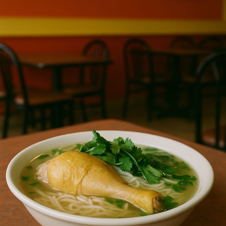 A bowl of Pho Ga with a chicken leg, noodles, and cilantro in a restaurant setting.