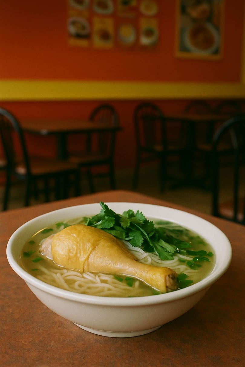 A bowl of Pho Ga with a chicken leg, noodles, and cilantro in a restaurant setting.