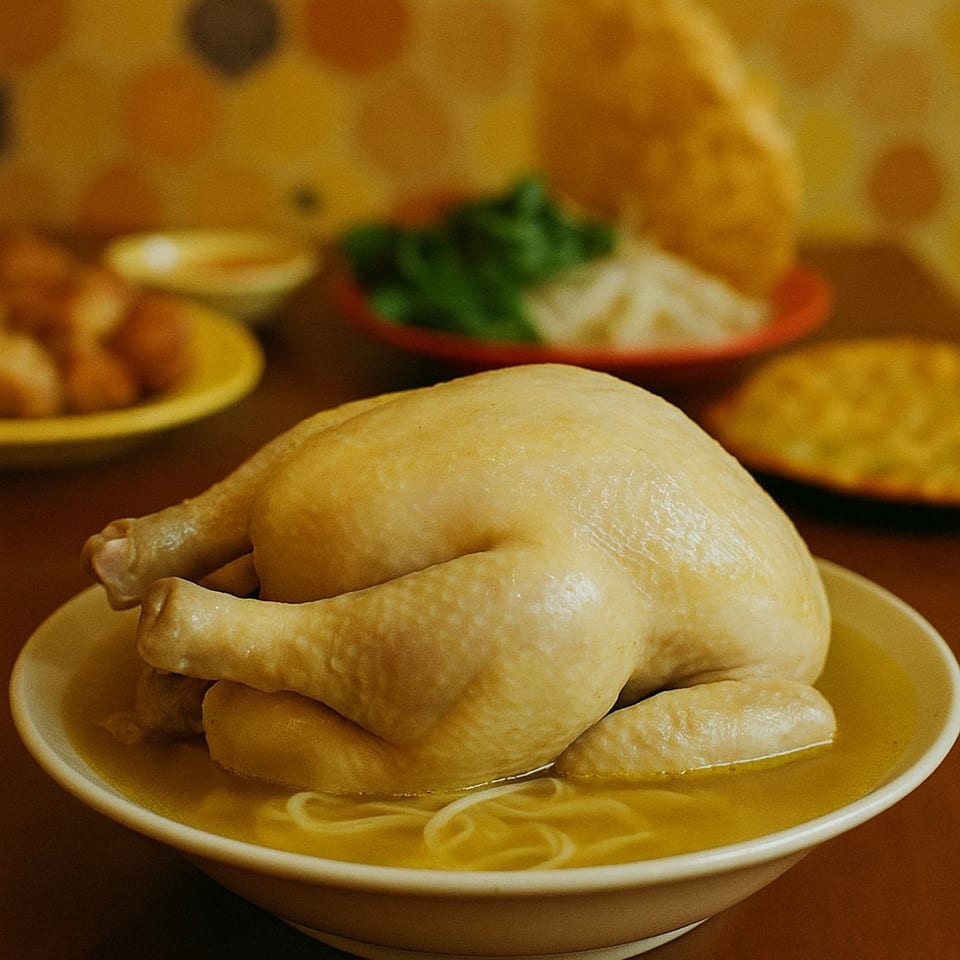 Whole poached chicken in a bowl of Pho Ga Thanh Thanh noodles and broth, with sides.