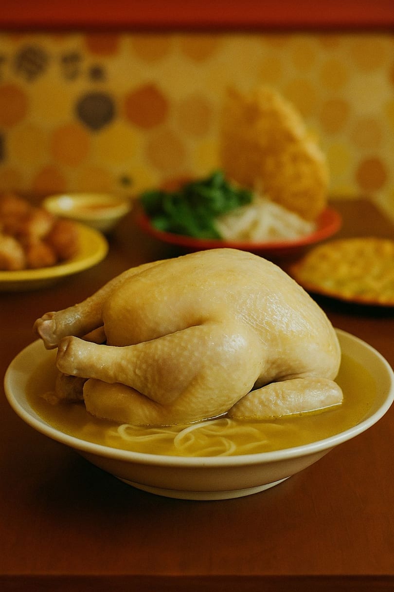 Whole poached chicken in a bowl of Pho Ga Thanh Thanh noodles and broth, with sides.