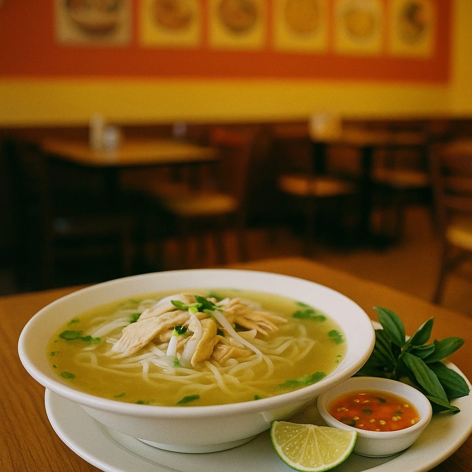 A bowl of Pho Ga with chicken, noodles, and broth, served with lime and chili sauce.